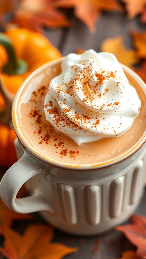 A pumpkin spice latte in a mug with whipped cream and cinnamon, surrounded by autumn decor.